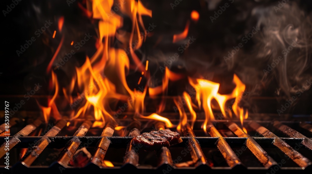 Closeup of a Grilled Steak on a Flaming Grill