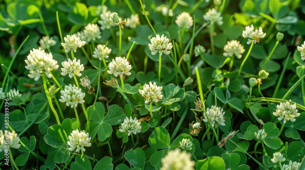 Detailed close-up of white clover flowers among green leaves in a field, showcasing the tiny blooms Detailed close-up of white clover flowers among green leaves in a field, showcasing the tiny blooms