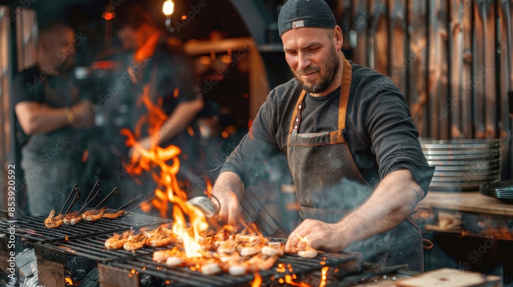 A professional chef is seen flipping seafood on a grill amongst robust flames at an outdoor eatery A professional chef is seen flipping seafood on a grill amongst robust flames at an outdoor eatery