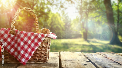 Picnic Basket with Red Checkered Cloth and Apple on Wooden Table in Sunny Park photo