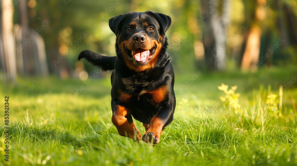 Rottweiler playing in the park: Happy Rottweiler running and playing in a green park. Rottweiler playing in the park: Happy Rottweiler running and playing in a green park.