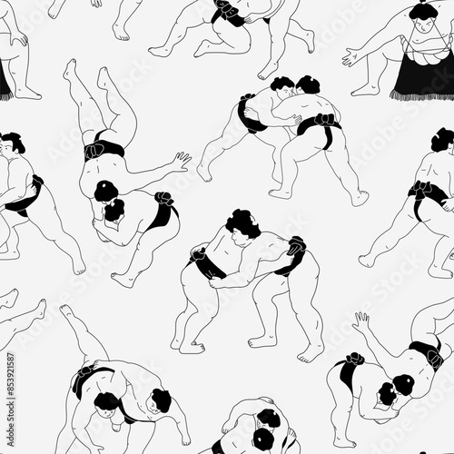 A seamless pattern made with sumo wrestlers in minimal art style. Traditional japanese sport.