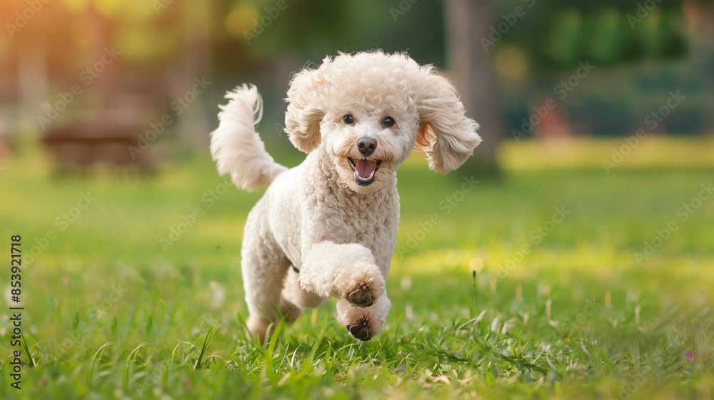 Poodle playing in the park: Happy Poodle running and playing in a green park. Poodle playing in the park: Happy Poodle running and playing in a green park.