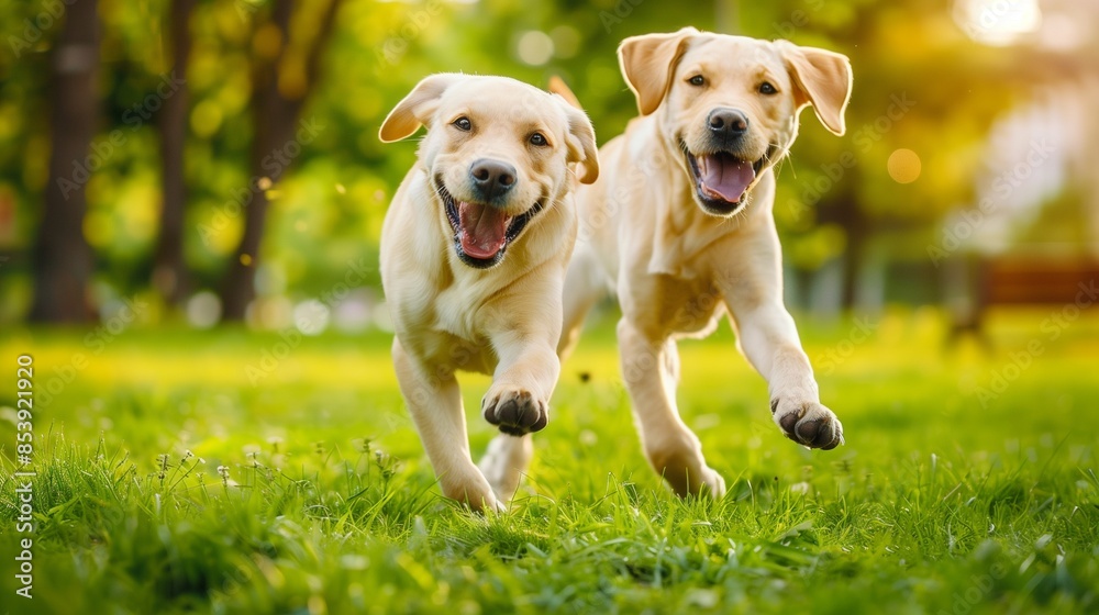 Labrador Retriever playing in the park: Happy Labrador Retriever running and playing in a green park. Labrador Retriever playing in the park: Happy Labrador Retriever running and playing in a green park.
