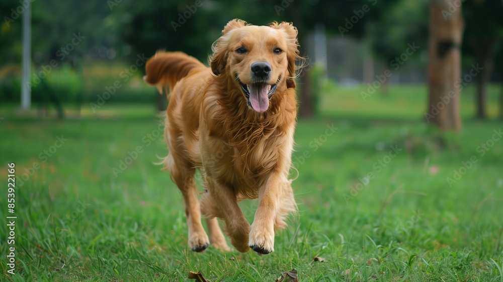 Golden retriever playing in the park: Happy golden retriever running and playing in a green park. Golden retriever playing in the park: Happy golden retriever running and playing in a green park.