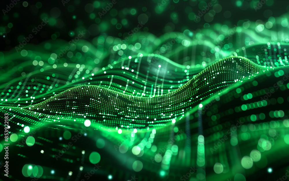 Fototapeta premium Abstract Green Digital Waves with Glowing Particles