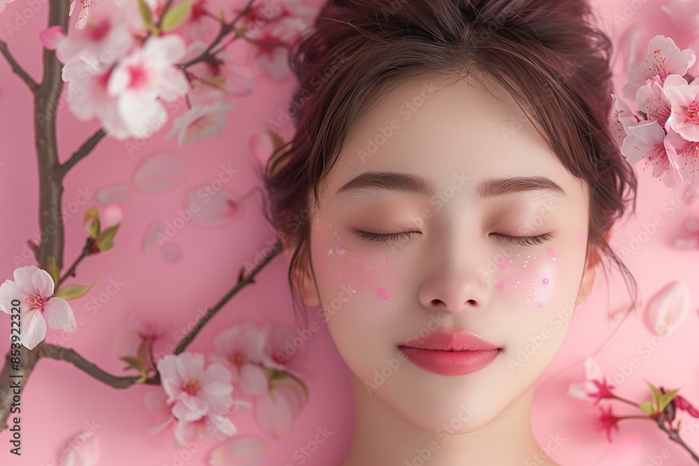 Woman with closed eyes and pink blossoms