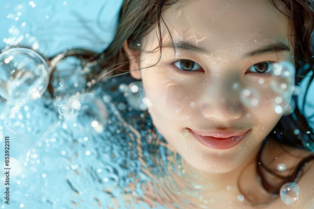 Woman floating in water with bubbles Woman floating in water with bubbles
