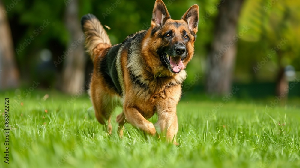 German Shepherd playing in the park: Happy German Shepherd running and playing in a green park. German Shepherd playing in the park: Happy German Shepherd running and playing in a green park.