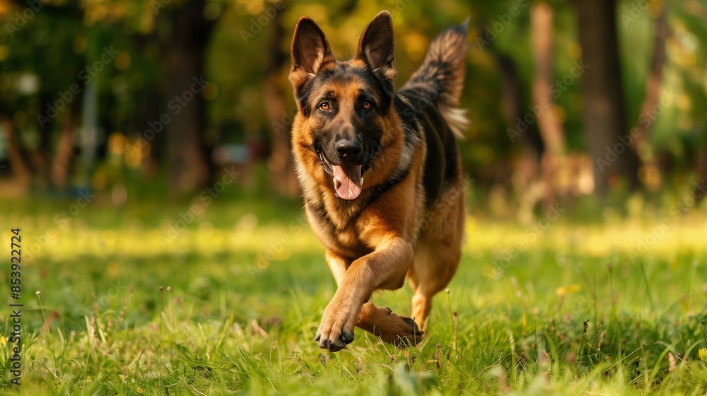 Naklejka premium German Shepherd playing in the park: Happy German Shepherd running and playing in a green park.