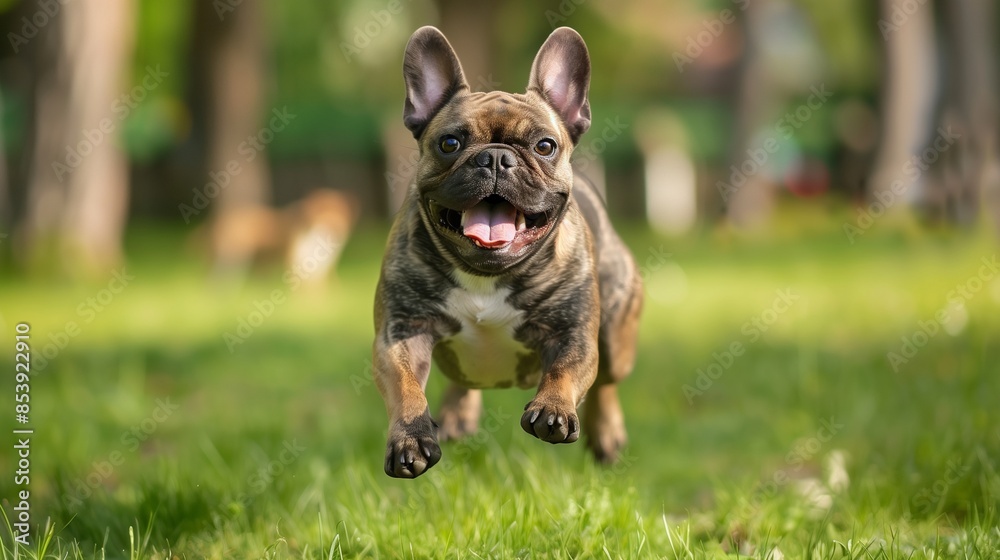 french bulldog playing in the park: Happy french bulldog running and playing in a green park. french bulldog playing in the park: Happy french bulldog running and playing in a green park.