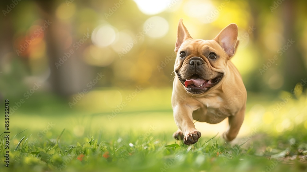 french bulldog playing in the park: Happy french bulldog running and playing in a green park. french bulldog playing in the park: Happy french bulldog running and playing in a green park.