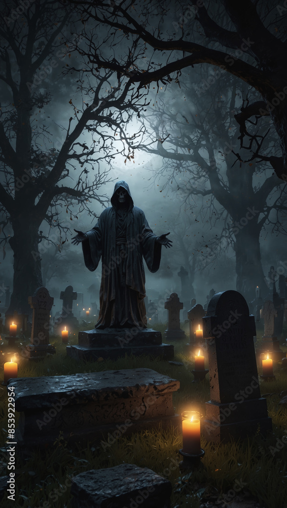 Grim reaper statue standing in spooky graveyard at night Grim reaper statue standing in spooky graveyard at night