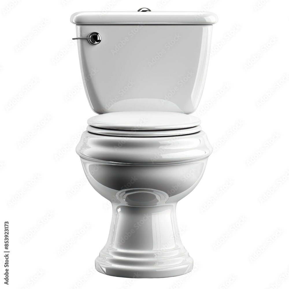 A pristine white toilet with a closed lid, isolated on a white background. The toilet is new and clean, with chrome accents. A pristine white toilet with a closed lid, isolated on a white background. The toilet is new and clean, with chrome accents.