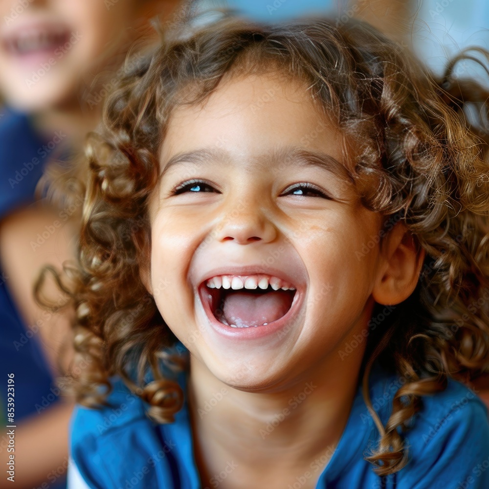 Close-up of a laughing child face, filled with joy in a classroom setting