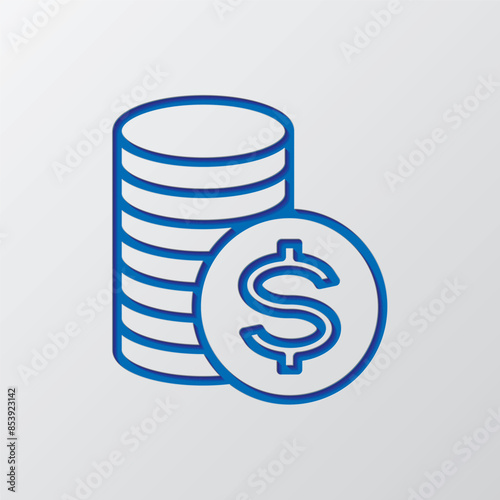 Dollar coins simple icon vector. Flat design. Paper cut design. Cutted blue symbol with shadow. Gray background