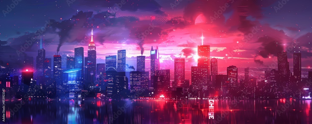 concept art of a sci-fi city skyline at night, with tall buildings having lights on, a distant moon in the sky, sci-fi elements, using red and blue colors concept art of a sci-fi city skyline at night, with tall buildings having lights on, a distant moon in the sky, sci-fi elements, using red and blue colors