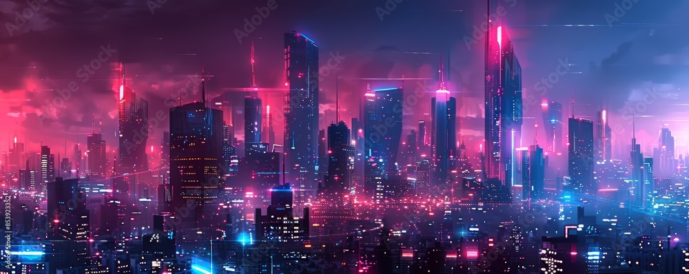 Obraz premium concept art of a sci-fi city skyline at night, with tall buildings having lights on, a distant moon in the sky, sci-fi elements, using red and blue colors