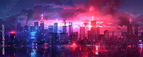 concept art of a sci-fi city skyline at night, with tall buildings having lights on, a distant moon in the sky, sci-fi elements, using red and blue colors