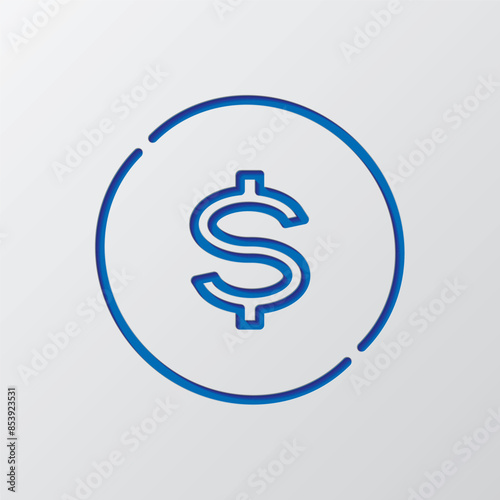 Dollar exchange simple icon vector. Flat design. Paper cut design. Cutted blue symbol with shadow. Gray background