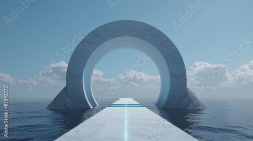 Futuristic structure with a circular archway, leading over water towards the horizon under a clear blue sky, evoking modern and surreal themes.