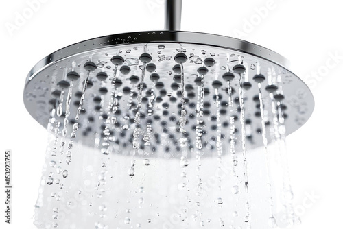 Close-up of a chrome shower head with water flowing. photo