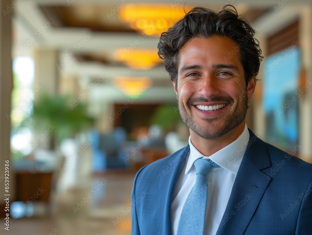 A Resort Manager male wearing professional attire, standing in front of a resort lobby, smiling A Resort Manager male wearing professional attire, standing in front of a resort lobby, smiling
