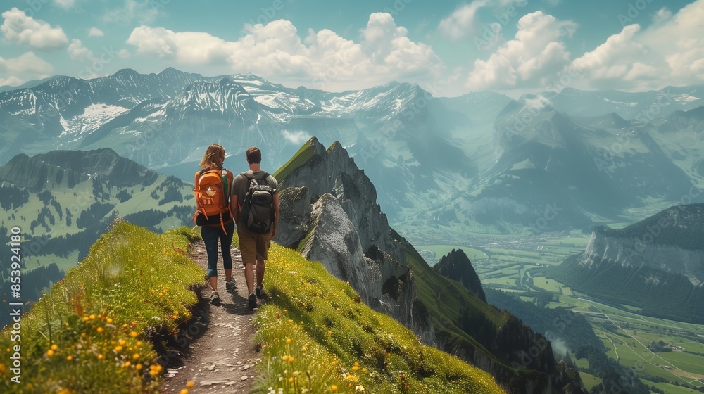 Couple hiking on a mountain trail: Adventurous couple hiking on a scenic mountain trail with breathtaking views.
