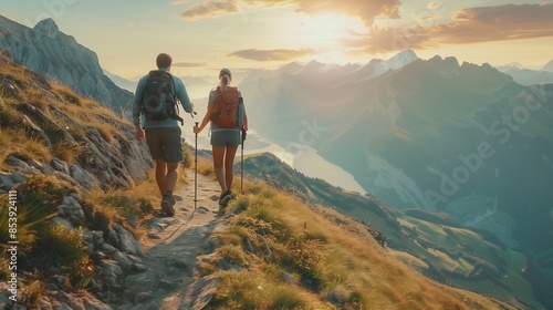 Couple hiking on a mountain trail: Adventurous couple hiking on a scenic mountain trail with breathtaking views. © Ace64 Studio