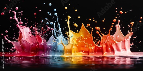 Colorful paint splash background, colorful ink explosion, splash art on a black background, high resolution, high quality product photo style in the style of various artists photo