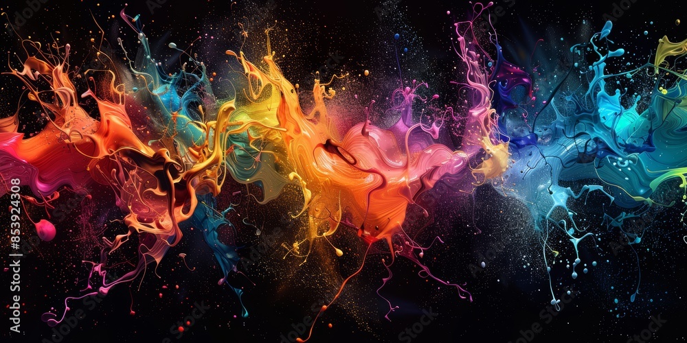 Obraz premium Colorful paint splash background, colorful ink explosion, splash art on a black background, high resolution, high quality product