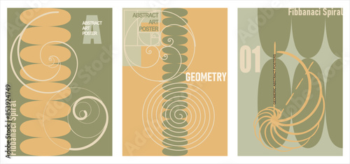 A set of minimalistic posters in vintage colors. Simple geometric shapes and lines (golden ratio spiral), with exemplary typography - modern print art design for branding, advertising, websites