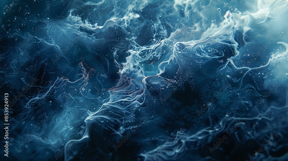 Obraz premium Close up of dark blue liquid swirling around with a glowing white light in the background Cinematic still from The Expanse during night time, shot of Arri Alexa XT