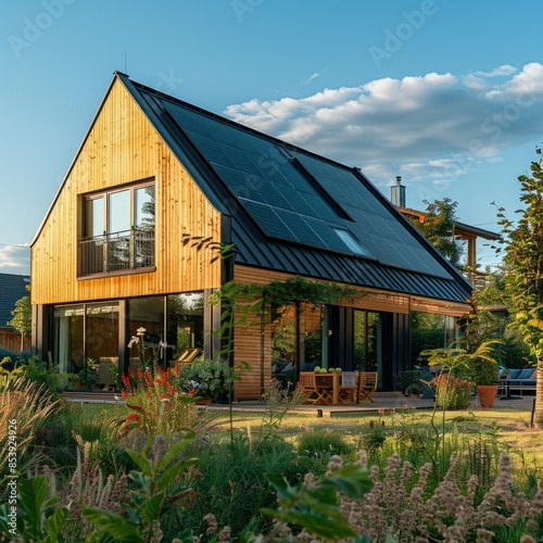 Eco-friendly house with solar panels and green landscaping, made affordable by a tax credit