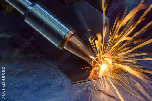 Close up scene the laser welding process by hand held laser welding machine.