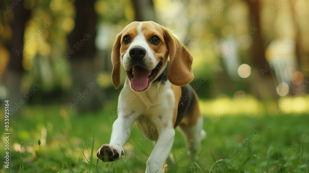 Beagle playing in the park: Happy Beagle running and playing in a green park. Beagle playing in the park: Happy Beagle running and playing in a green park.