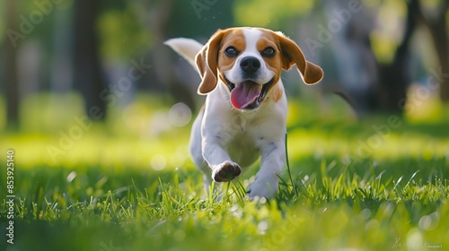 Beagle playing in the park: Happy Beagle running and playing in a green park.