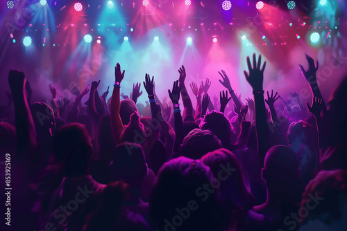 Crowd of people dancing at concert illuminated by blue and purple lights photo