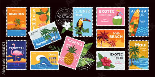 Tropic stamps. Postmarks with nature landscapes. Touristic location landmarks. Sea island beach. Palm trees. Tropical fruits and flowers. Postage seal. Vector postal stickers composition
