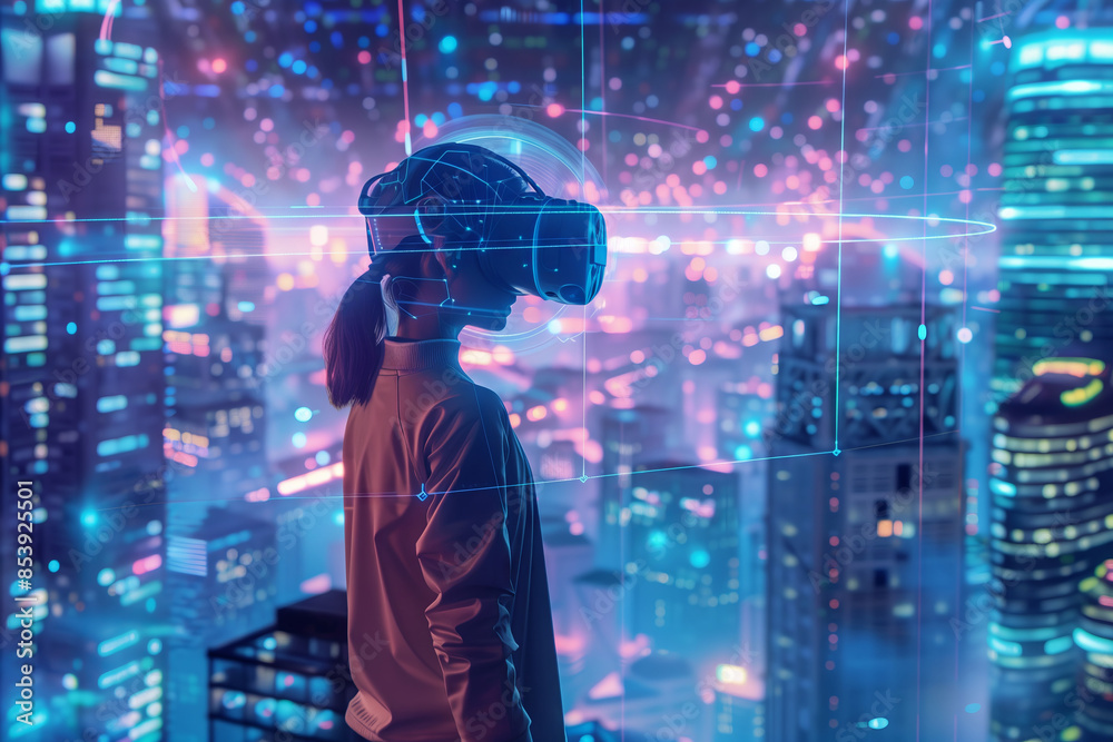 Woman Exploring Virtual Reality City Woman Exploring Virtual Reality City