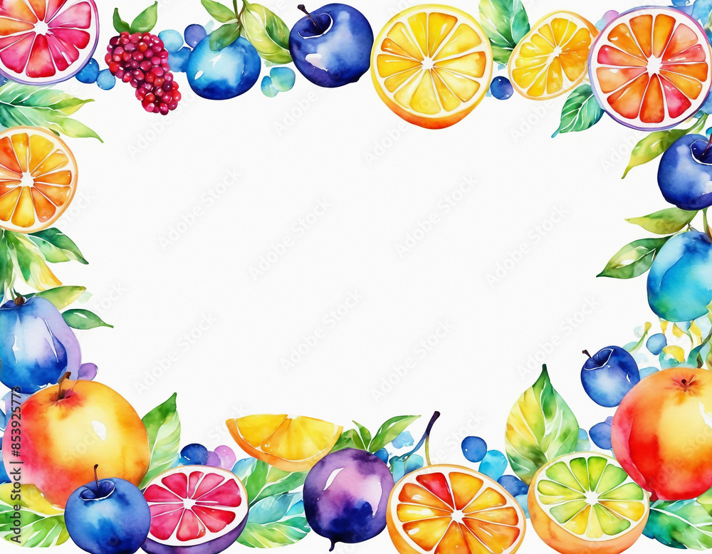 Mixed fruits as a border frame with white blank space backdrop, watercolor painting style, generative AI. Mixed fruits as a border frame with white blank space backdrop, watercolor painting style, generative AI.