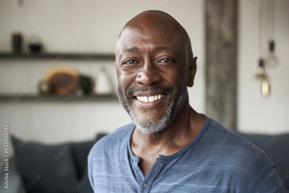 Portrait of a grinning afro-american man in his 40s smiling at the camera over modern minimalist interior Portrait of a grinning afro-american man in his 40s smiling at the camera over modern minimalist interior