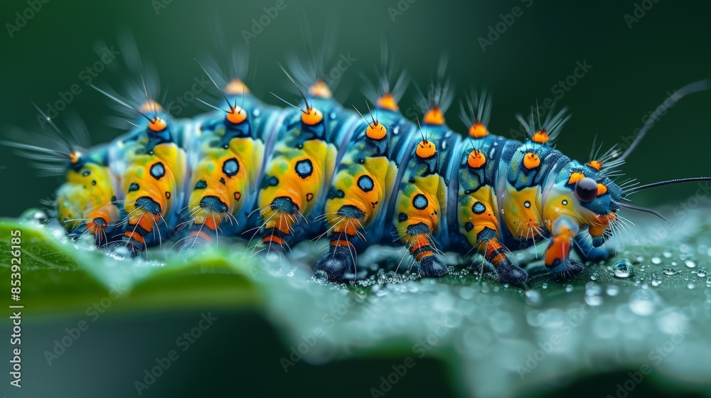 Caterpillar Crawling: a caterpillar crawling on a leaf, with detailed focus on its vibrant colors and texture. Leave space for text in the background. Caterpillar Crawling: a caterpillar crawling on a leaf, with detailed focus on its vibrant colors and texture. Leave space for text in the background.
