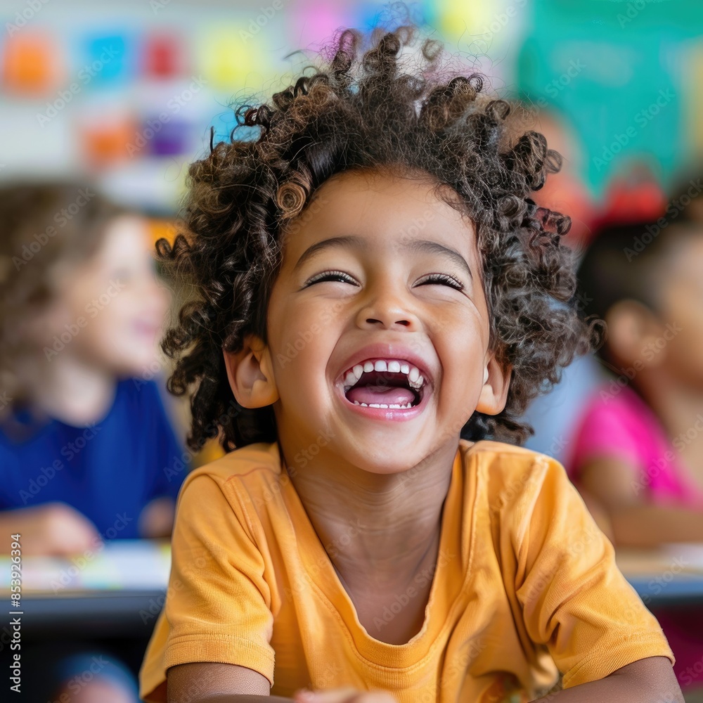 Happy child, face lit up with laughter, enjoying a classroom activity Happy child, face lit up with laughter, enjoying a classroom activity