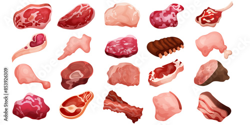 Meat products. Natural food. Chicken sausage. Raw beef and red steak. Cut pieces for barbecue. Pork ham and bacon for BBQ. Gastronomy delicacy. Vector butcher cooking ingredients set