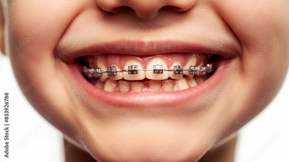 Obraz premium Close-up of a child's smile with metal braces, showcasing dental care and orthodontics. Bright and joyful expression.