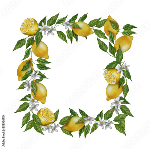 Watercolor lemon branches square frame with leaves and flowers. Blossom citrus botanical wreath. Fruit banner, border illustration.