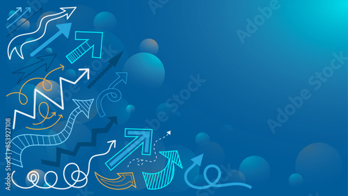 Hand-drawn vector arrows showing upward trend on blue background with copy space 