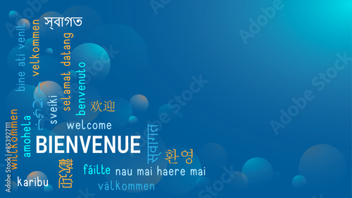 BIENVENUE (WELCOME in French) vector word cloud on dark blue background with copy space