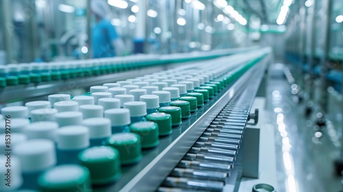 Pharmaceutical Production Line with Green Glass Bottles, Industrial Manufacturing Process in a High-Tech Facility © Nene